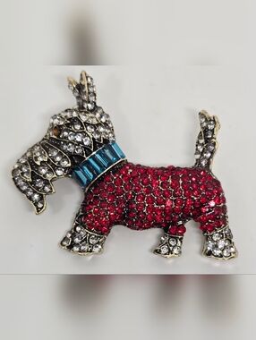 Crystal Rhinestone Scottie Dog Brooch in Red and Silver